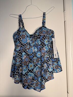 Blue Floral Paisley Tankini Swim Top with Built-In Cups